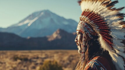 Naklejka premium A close-up of an Indian chief wearing a feathered headdress, with mountains in the background.