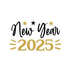 New Year 2025 typography clip art design for T-shirts and apparel, Happy New Year art on plain white background for shirt, hoodie, sweatshirt, card, tag, mug, icon, poster or badge