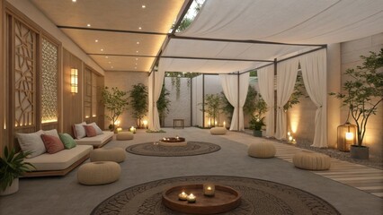 Enclosed area with gentle ambient music creating a tranquil atmosphere fostering deep peace.