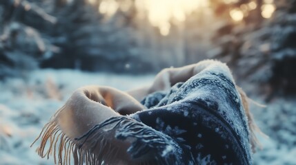 A detailed shot of a fringed cashmere scarf blowing gently in the winter breeze, with a snow-dusted forest in the background 