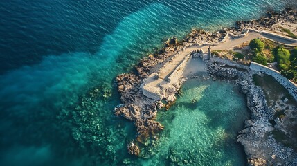 Aerial View of Rocky Coastline and Clear Turquoise Water