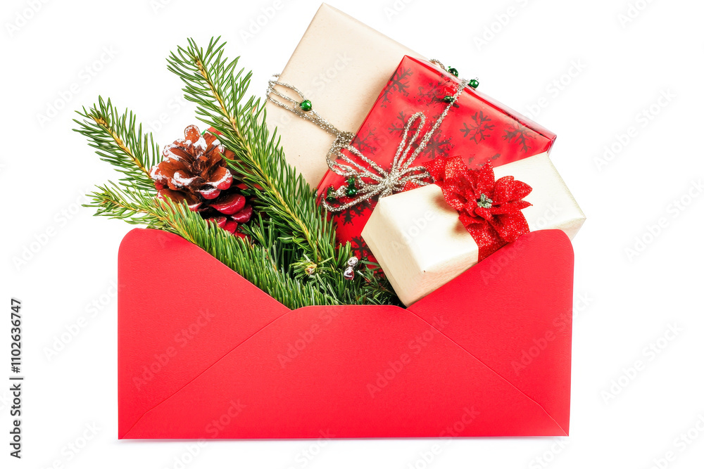 Poster colorful presents are arranged in a bright red envelope, surrounded by pine branches and pinecones, 