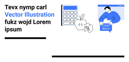 Conceptual setup of a blue calculator, apple, and person holding a cashback sign. Ideal for financial education, budgeting tools, healthy eating, cashback offers, online education, financial tips