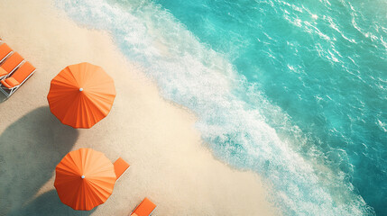 Beautiful beach with turquoise water and orange umbrellas, view from above, summer vacation concept banner background