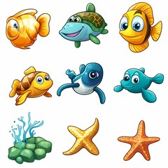 Fototapeta premium Colorful Cartoon Fish and Sea Creatures Collection Featuring Cute Turtle, Starfish, Coral, and Vibrant Fish for Underwater Themed Designs and Illustrations