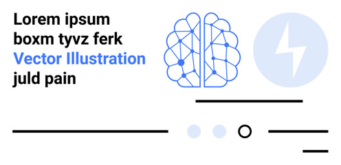 Brain illustration, light blue power symbol, black text elements, minimal lines, abstract style, modern design, white background. Ideal for technology, AI, neuroscience, modern design, creativity © robu_s