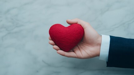 A touching moment captured with a minimalist dark backdrop, where a woman presents a glowing red heart to a man, both of them connected through the gesture of giving. The heart’s vibrant red 