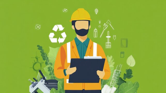 An engineer working on eco-friendly projects, set on a bold green background symbolizing future growth