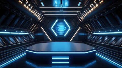 Obraz premium Futuristic Sci Fi Corridor with Illuminated Platform