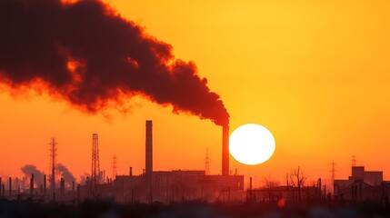 An expansive view of an industrial complex showcases a massive smokestack belching thick black smoke into the air, creating a dramatic visual against the sunset. The golden light highlights 