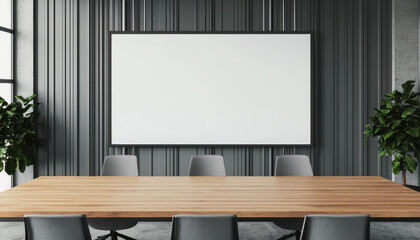 A modern conference room featuring a long wooden table, ergonomic chairs, and a blank presentation screen against a stylish backdrop.