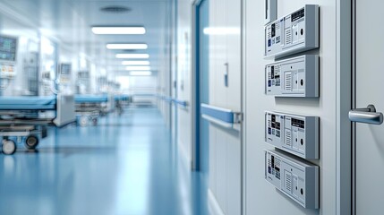 Modern hospital corridor with medical equipment and sterile environment.