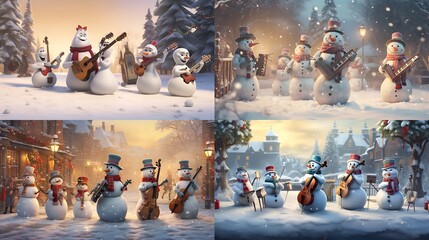 A whimsical snowman orchestra playing festive tunes, filling the winter air with the joyous sounds of Christmas merriment.