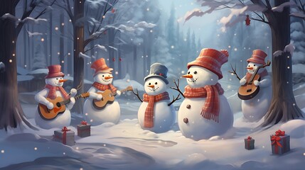 A whimsical snowman orchestra playing festive tunes, filling the winter air with the joyous sounds of Christmas merriment
