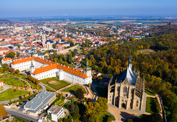 Autumn cityscape of Kutna Hora with famous gothic Roman Catholic church of Saint Barbara and Baroque building of Jesuit College, Czech Republic..