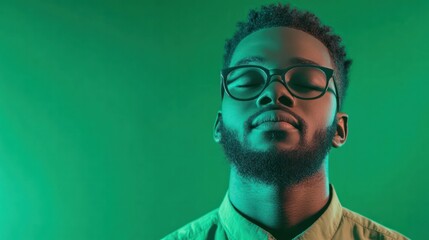 An IT consultant advising clients, with a bold green background symbolizing professionalism