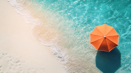 Beautiful beach with turquoise water and orange umbrellas, view from above, summer vacation concept banner background