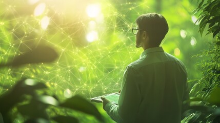 An IT professional managing network infrastructures, framed by a sleek green environment for precision