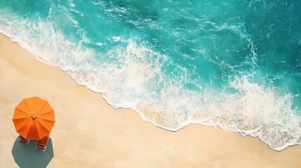 Obraz premium Beautiful beach with turquoise water and orange umbrellas, view from above, summer vacation concept banner background