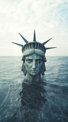 The Statue of Liberty drowning in deep ocean water. Only the head of lady liberty is seen in a sea of rising water. A symbol of global warming, debt, economy - drowning under water, up to her neck