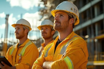 construction worker team Australians working on a job site, standing close together, working