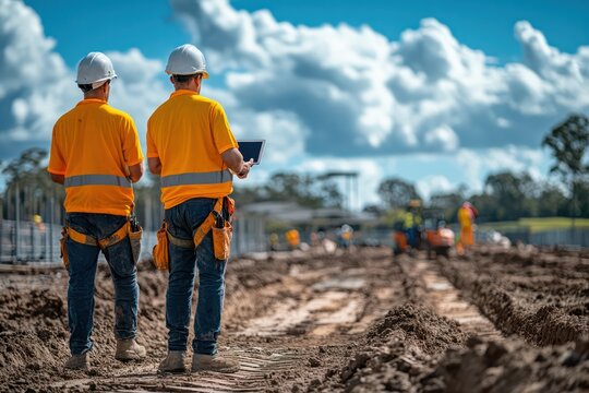 construction worker team Australians working on a job site, standing close together, working