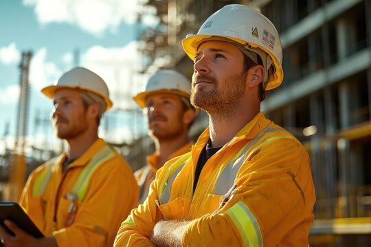 construction worker team Australians working on a job site, standing close together, working