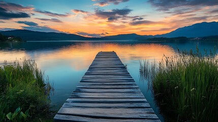 Obraz premium Wooden dock extending into serene lake at sunset. Tranquil nature scene.