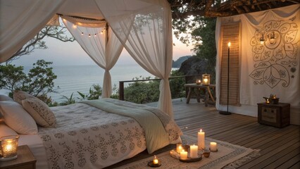 Stunning hideaway designed for tranquility featuring lush bedding aromatic candles and soft music ambiance.
