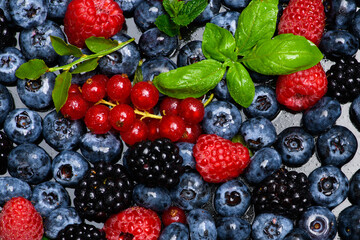 Background of fresh berries. Berry fruit. Blueberries, blackberries and raspberries. Vitamins in natural products. Berries.
