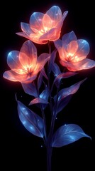 Glowing Neon Flowers Dark Background Digital