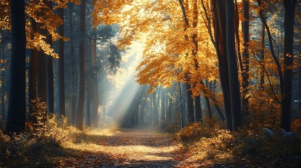Obraz premium Autumn Forest Path Sunlight