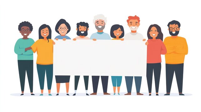 uhd, a group of working young adults and elders, smiling with different ethnicity and gender showing diversity, holding a blank sign with plain background.