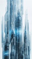 Obraz premium A captivating AI-generated image featuring towering, glass-like skyscrapers in a futuristic cityscape. The modern architecture is sleek and transparent, evoking a sense of high-tech urbanization. AI