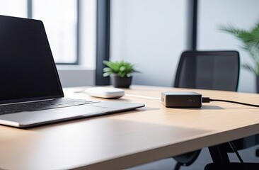 Fototapeta premium A minimalist office desk setup with a sleek laptop, a wireless mouse, and an external device on a wooden surface, complemented by a small potted plant for a touch of greenery