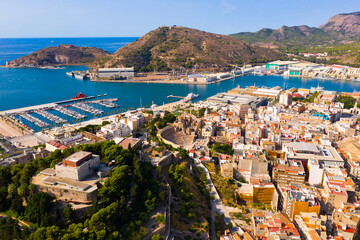 Aerial view of Cartagena port city with buildings and coast line, Autonomous Community of Murcia, southeastern Spain..