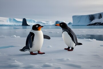 Obraz premium A curious penguin exploring the icy landscapes of Antarctica, waddling through the snow with chubby flippers and inquisitive eyes, discovering new wonders with each step. Generative A