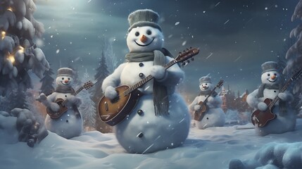 A whimsical snowman orchestra playing festive tunes, filling the winter air with the joyous sounds of Christmas merriment
