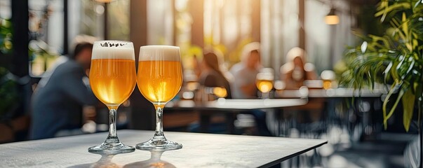 Two glasses of beer on a table with a blurred background of people and plants.