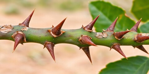 Close-Up Photograph of Crown of Thorns Plant Focused on Spiky Thorns and Green Stem in Natural Environment