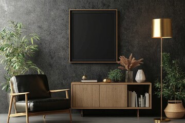 Modern Minimalist Living Room with Dark Walls and Leather Armchair Featuring Gold Lamp and Wooden Decor
