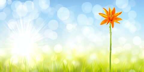 Vibrant Single Orange Orchid in Full Bloom against Soft Blur Background with Sunlight and Green Grass