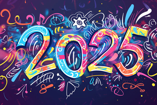 Illustration of 2025 in a festive, colorful style perfect for New Year’s celebrations and copy space for customization