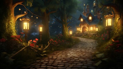 A woodland path lined with luminous lanterns, guiding the way to a hidden clearing where Christmas magic awaits