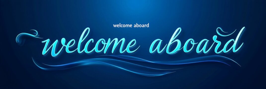 Elegant Welcome Aboard Banner with Turquoise Script and Blue Gradient Background
