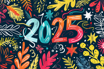 Obraz premium Illustration of 2025 in vibrant festive colors celebrating New Year with decorative elements and copy space for text