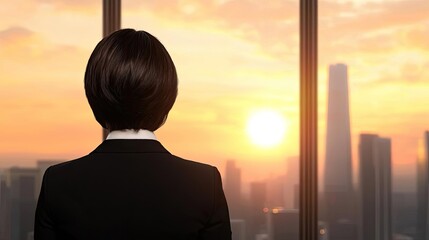 Fototapeta premium Business person looking at city skyline during sunset from office window.