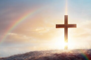 golden cross sunset sky rainbow hope faith spirituality religion peace worship