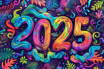 Illustration of 2025 on vibrant background with celebratory theme and copy space for party or event announcements