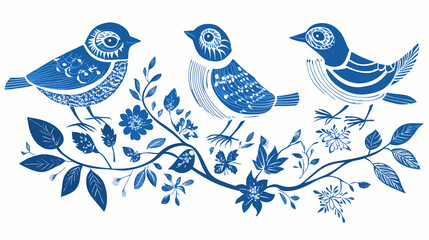 Pretty simple blue and white folk art birds,vector. Folk. Illustration